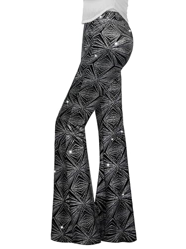 Nawgut Sequin Flare Pants Sparkly Glitter High Waisted Bell Bottoms Leggings Party Disco Clubwear for Women-Large Black
