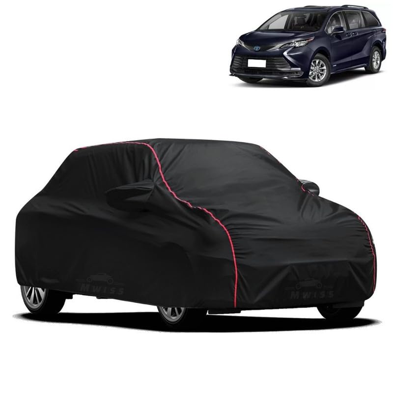 Image of Waterproof Car Cover for Toyota Sienna | All-Weather Protection, Dustproof & UV Resistant | Triple Stitched Mirror Pockets, Windproof Buckle Strap with Elastic Hem, Black-Red Piping