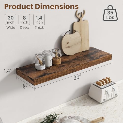 Image of 30 Inch Floating Shelves for Wall, 8 Inch Deep Floating Shelf for Storage & Display, Wall Mounted Shelf with Invisible Brackets for Living Room, Kitchen, Bathroom, Home Decor, Set of 2, Rustic Brown