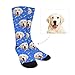 Custom Personalized Printed Photo Socks, Turn Your Picture Face into Cat and Dog Tracks Paws Bones Dark Blue Crew Socks Unisex Women Men