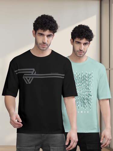 Image of BULLMER Trendy Front and Back Printed Oversized Round Neck T-Shirt for Men - Pack of 2