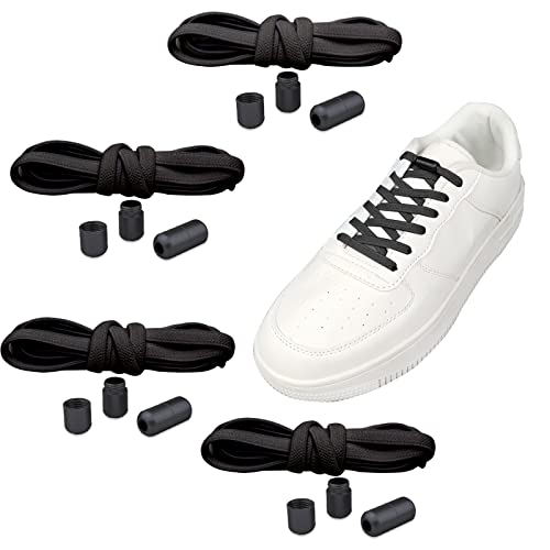 LUCKNIGHT 4 Paar Flache Elastische Set Schnürsenkel Elastischer Gummi Schnürsenkel Ohne Binden No Tie Shoelaces mit Schnellverschluss, Gummischnürsenkel Einstellbare mit Metallverschluss (Schwarz) Cover