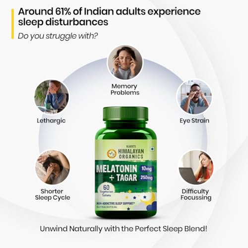 Image of Vlado's Himalayan Organics Melatonin 10Mg + Tagar 250Mg Supplement With Vitamin B6 And Calcium | Non-Habit Forming, Restful Sleep, Improved Focus, Relaxed Mind | Good For Eye Health (60 Tablets)