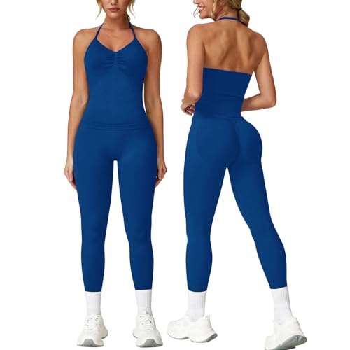 Seamless Gym Sets for Women 2 Piece Longline Halter Backless Crop Top Hidden Scrunch Leggings Yoga Outfits Workout Tracksuit (S)