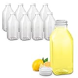 32 Oz. / 1 Quart Empty Clear PET Plastic Juice Bottles with Tamper Evident Caps by AM Bottle Supply - Set of 8 Bottles and 8 Caps