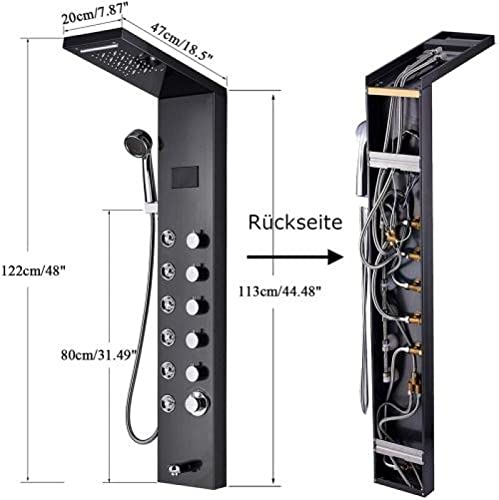 Columna de Ducha con Sistema LED Azul, Cabezal de Ducha Lluvia y Cascada, Chorros de Hidromasaje, Duchador de Mano, Salida para Bañera, Pantalla LED de Temperatura, 6 Mandos miniatura 2