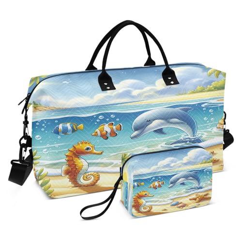 ​​Large Foldable Travel Duffel Bag, Waterproof Gym Bag for Men & Women, Carry-On Luggage Weekender Overnight Bag, Sunny Beach Sea Animal