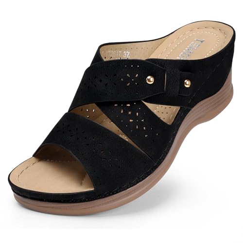 TEMOFON Wedge Sandals for Women Summer: Dressy Low Heel Sandals Black/Navy/White, Comfortable Walking, Arch support, Casual Slip on Summer Shoes, Size 5-11