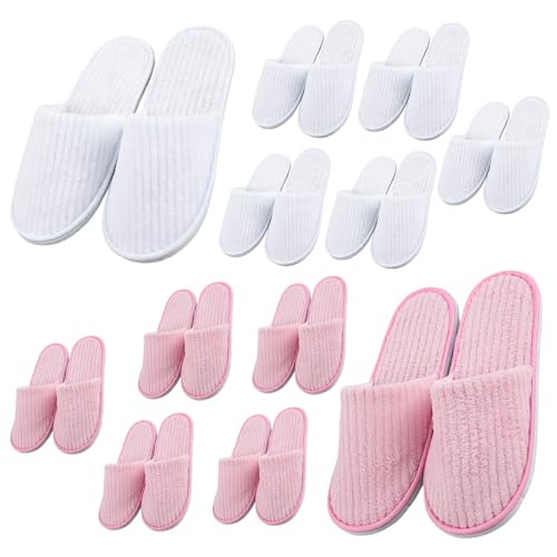 GOEDCH 10 paires de pantoufles en polaire corail : pantoufles spa blanches et roses, pantoufles d'invités, pantoufles en velours de coton lavables unisexes, pantoufles d'hôtel pour le bien-être, les