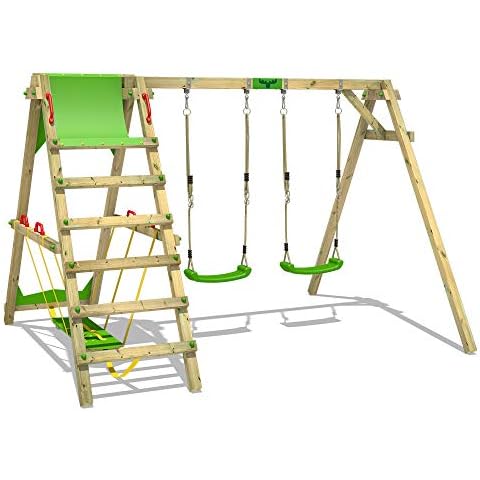 Fatmoose JollyJade Wave Swing XXL, Double swing, Swing set, solid timber, Wooden swing frame with surf extension Cover