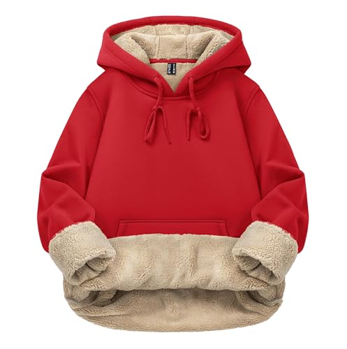 Image of TACVASEN Ladies Pullover Hoodie Fleece Lined Sweatshirt Winter Sports Pullover Jackets Hooded Sweat Top,Tomato Red,L