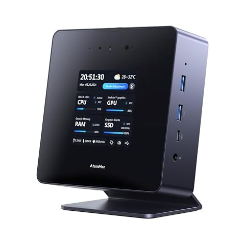 AtomMan X7 Ti Mini PC Core Ultra 9 Processor 185H 32GB DDR5 1TB SSD Micro Computer, HDMI+DP+2xUSB4 Output, 4 Inch Smart Screen, FHD 1080P Camera, 2X 5Gbps RJ45, WiFi 7, Intel Arc Graphics Gaming PC Cover