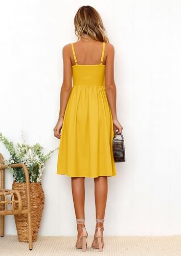 Image of ECOWISH Women 2026 Summer Dresses Tie Front V-Neck Spaghetti Strap Button Down A-Line Backless Swing Midi Dress
