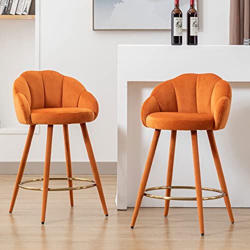 Dm Furniture 25.5 Inch Counter Height Barstools Set Of 2 Modern Barstools With Back Comfy Velvet Bar Chairs For Kitchen Island/Home Bar/Restaurant, Orange #TOP26