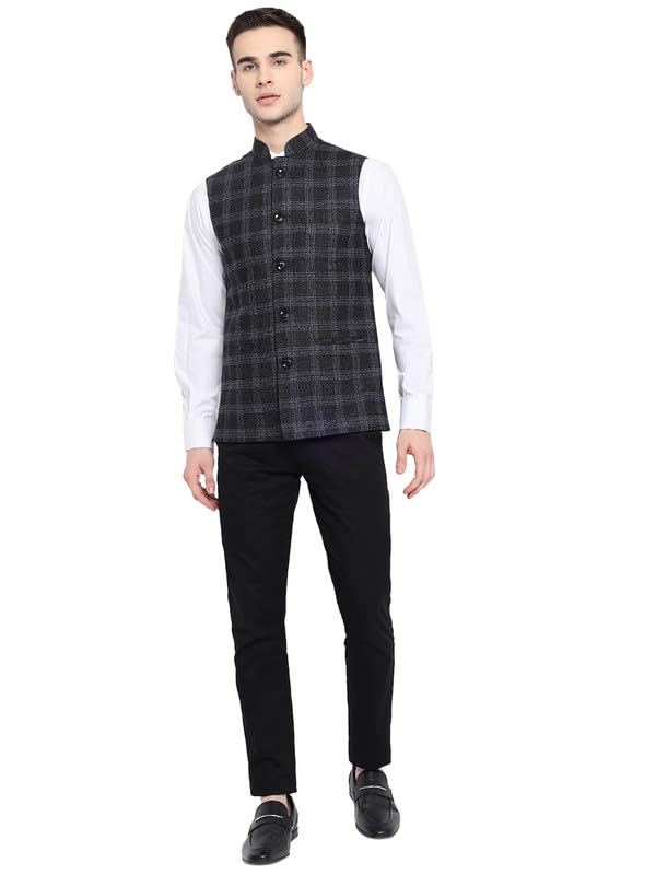 Image of Vastraa Fusion Mens Pure Wool Export-Quality Indian Traditional Nehru Jacket (VS4401D-42 Black-Check 42 - XL)