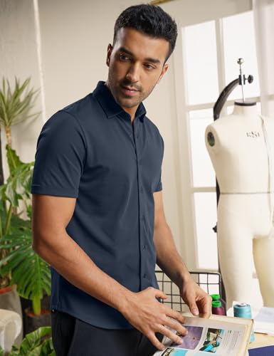 Image of DaMENSCH Men's Constant All-Degree Half Sleeve Regular fit Shirt, Pique Textured, Thermoregulating Cotton Blend, Recycled Fabric Shirts Stylish