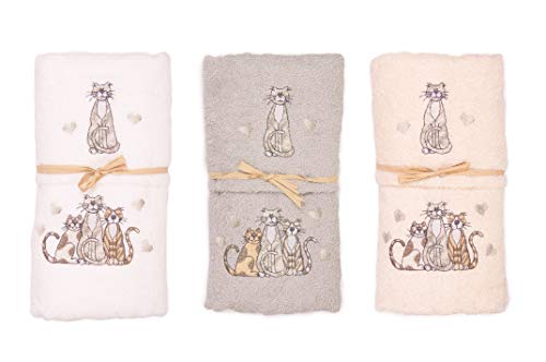 Lot de 2 serviettes motif chat (serviette et serviette de visage) 100 % coton avec motif de chat brodé, idée cadeau (blanc) Cover