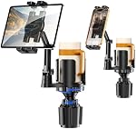 Support de tablette pour voiture, 3 en 1 support de porte-gobelet pour iPad avec élargisseur, base réglable et bras long avec rotation à 360° compatible avec les tablettes de 4 à 12,9 po, tous les smartphones et la plupart des bouteilles