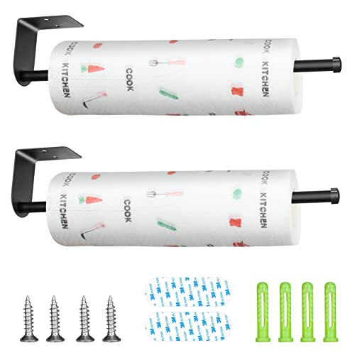 2 PCS Paper Towel Holder Under Cabinet, 13.75 Inch Kitchen Towel Holder Wall Mount for Large Paper Roll 304 Stainless Steel Self-Adhesive or Screws for Kitchen, Bathroom, Cabinets(Black)