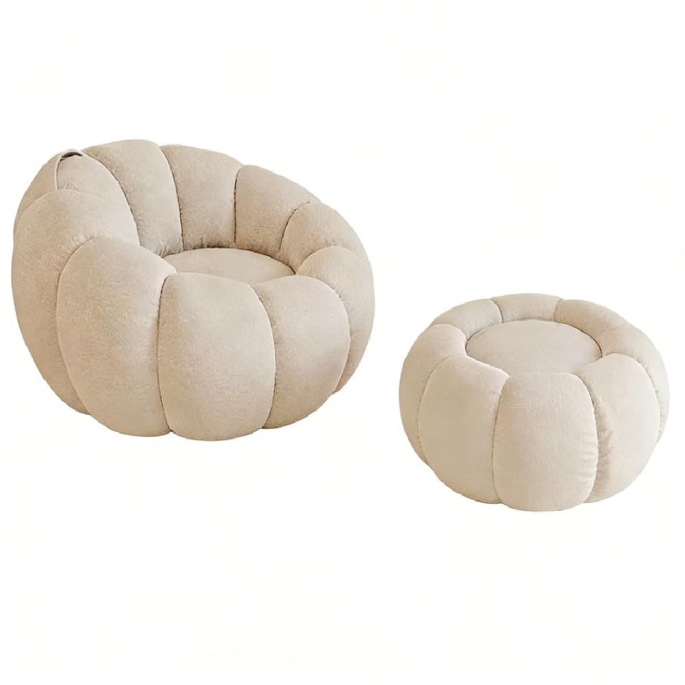 Plush Lazy Sofa Chair Pumpkin Shaped Cozy Single Seater Accent Couch with Footstool, Multi-Color Soft Upholstered Leisure Chair for Bedroom Living Room Balcony ﻿ (White)