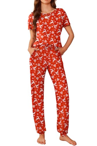 Image of Ekouaer Womens Pajama Sets Short Sleeve Lounge Sets for Women Printed Jogger Pajama Set 2 Piece Pj Sets With Pockets S-XXL