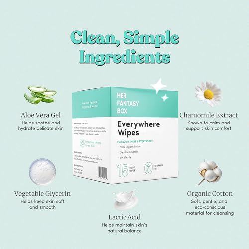 Her Fantasy Box | Everywhere Wipes – 100% Organic Cotton, Gentle & Refreshing, pH-Balanced, Fragrance-Free, Plant-Powered for Body, Face & Intimate Areas, Ideal for Sensitive Skin - 1 Pack, 15 Wipes - Image 5