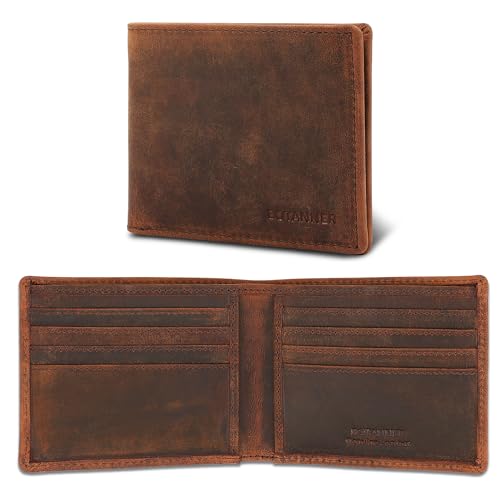 Genuine Leather Mens Bifold Wallet Slim RFID Blocking, 8 Credit Card Slots, 2 Sections for Bills & 2 Additional Slots | Brown