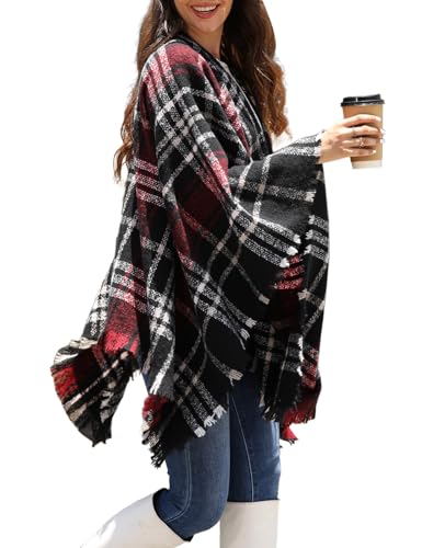 Niwicee Poncho Mujer Invierno Tejer Poncho Manta Frente Abierto Impreso Cuadros Borla Chal Envoltura de Grande Tamaño Chaqueta Cárdigan Suéter Bufanda Abrigo Regalo para Mujer(Rojo+Negro)