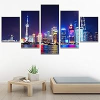SIGNWIN 5 Panel Canvas Wall Art City Illuminations for Home Decorations Ready to Hang - 60