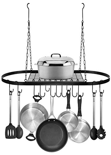 Metal Ceiling Mounted Kitchen Utensil Pot Pan Holder Hanging Organizer Storage Rack Gauge Oval Hanging Grid for Home Restaurant Kitchen Cookware Utensils Books323×161×197inch