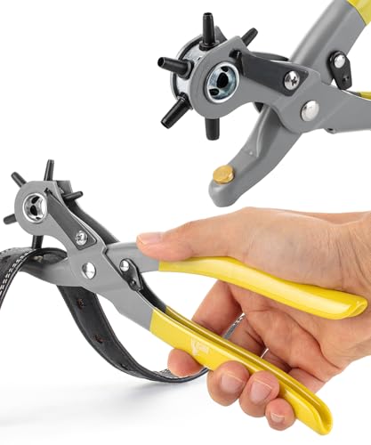 Image of UNCO- Leather Hole Punch Tool, Multi Hole Sizes for Belts and Leather, Belt Hole Puncher, Yellow Handle