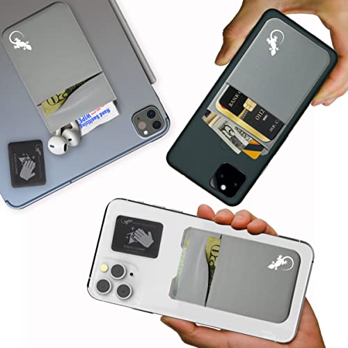 Image of Gecko Travel Tech Double Pocket - Adhesive Card Holder - Cell Phone Pouch - Stick on Lycra Pocket - Carry Credit Cards and Cash - Gray-White