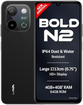 Lava Bold N2 (Indus Black, 4 GB RAM, 64 GB Storage) | 13MP AI Dual Rear Camera | Largest 6.75" HD+ Display | 5000 mAh Battery & 10W Charging | IP64 Wa