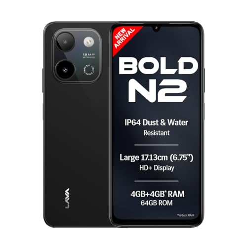 Lava Bold N2 (Indus Black, 4 GB RAM, 64 GB Storage) | 13MP AI Dual Rear Camera | Largest 6.75" HD+ Display | 5000 mAh Battery & 10W Charging | IP64 Water & Dust Proof | Charger & Phone-Case in Box