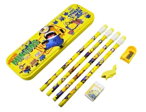 Image of Kidox Stationery Set for Kids- Birthday Gift for Girls, Boys - Metal Geometry Box for Girls & Boys Kids Pencil Box Set, Pencil Case Set, Pencil, Erasers, Sharpener for Children-Yellow-Minions