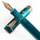 Jinhao 100 Classic Fountain Pen Rainbow Marble Celluloid, Medium Nib with Converter and Pen Case Set （Peacock Blue） (Peacock Blue, Black + Blue)