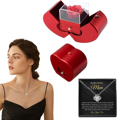 Boîte de roses éternelles avec collier,Rose avec collier | Rose artificielle pour toujours,Rose éternelle préservée rouge avec bijoux, boîte de roses éternelles pour anniversaire, saint-valentin