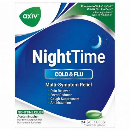 AXIV Nighttime Cold & Flu Relief Softgels Multi-Symptom Nighttime Relief for Headache Fever Sore Throat Minor Aches and Pains Sneezing Runny Nose and Cough 24 Count