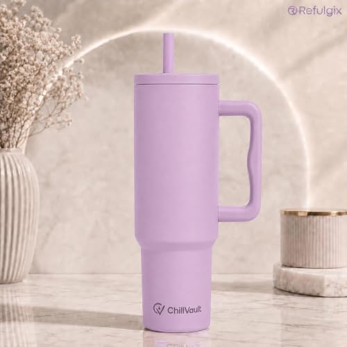 Image of REFULGIX ChillVault 1200ml Stainless Steel Tumbler | Double-Wall Insulated Travel Mug with Handle, 2 Straws & Leak-Proof Lid | Keeps Drinks Hot & Cold | Laviander