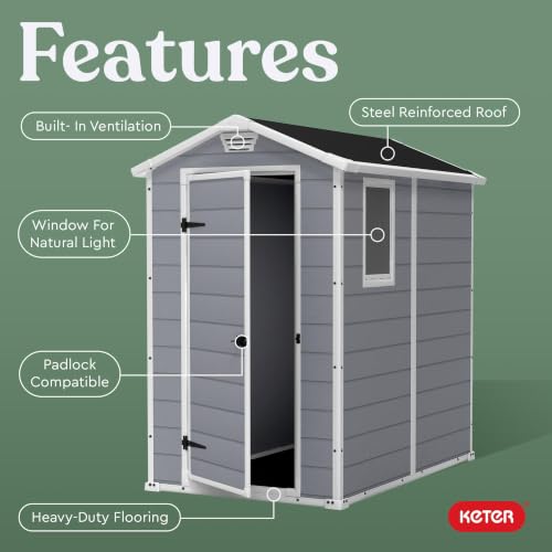 Image of Keter Manor 4x6 Resin Outdoor Storage Shed Kit-Perfect to Store Patio Furniture, Garden Tools Bike Accessories, Beach Chairs and Lawn Mower, Grey & White
