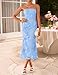 ZESICA Women's Summer Strapless Floral Midi Dress 2026 Bodycon Mesh Tube Wedding Guest Cocktail Party Formal Dresses Blue Small