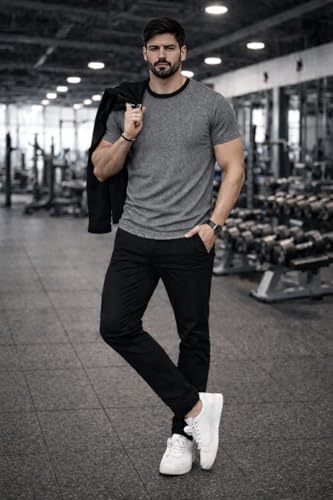Image of Men's Solid Gym T-Shirt | Slim Fit Gym & Training Tee | Breathable Stretch Fabric | Round Neck Sports Wear for Workout