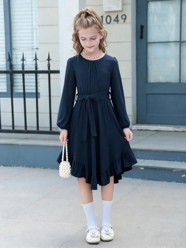 Girls Boho Dress Teen Long Sleeve Lace Backless Tie Back High Low Swing Pocket Dresses with Belt Size 5-16 Years