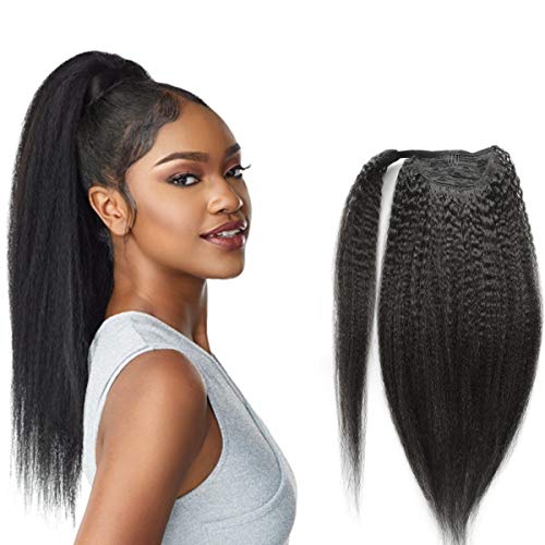 Anrosa Kinky Straight Human Hair Ponytail Extensions Kinky Hair Ponytail Kinky Yaki Straight Ponytail Natural Hair Afro Kinky Ponytail Human Hair Yaki Ponytail Natural Black 1b Thick Big 100g 20 Inch