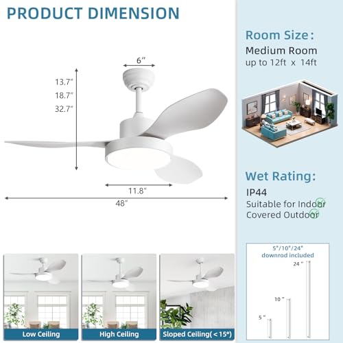 Image of Sofucor 47 Inch Ceiling Fan with Lights Flush Mount Modern Outdoor Ceiling Fans with Remote Control, 3CCT Dimmable 6 Speeds Quiet DC Motor & Timer for Patio Bedroom Living Room