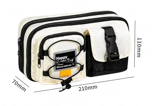 Image of Multi-Compartment Pencil Pouch Large Capacity Pen Case with Zipper & Buckle Pocket, Durable Canvas Stationery Organizer for School Office Travel, Stylish Storage Case (Black Happy Every Day)