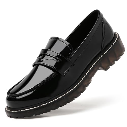 Image of Black Penny Loafers for Women, Shiny Comfortable Dress Work Shoes