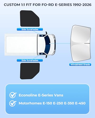 Image of for Ford E-Series 1992-2026 Windshield & Side Window Sun Shade, Window Covers Accessories for E-150 E-250 E-350 E-450 Van Motorhome, UV Blocker & Heat Protector, 3Pcs Window Shades for Privacy Napping