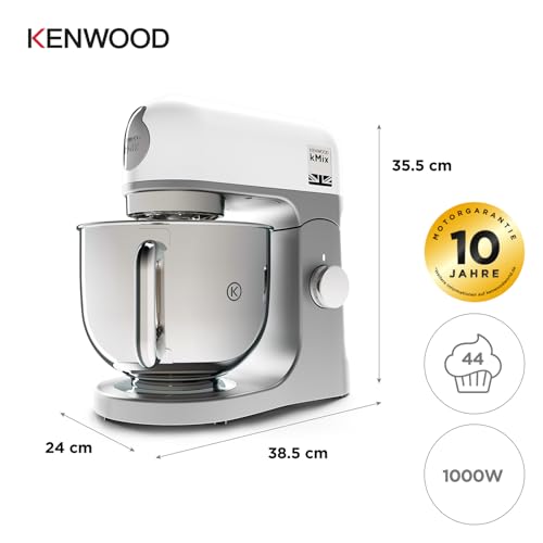 Kuhinjski procesor Kenwood kMix KMX750WH, zdjela od nehrđajućeg čelika 5 l, sigurnosni sustav za sigurnu upotrebu, metalno kućište, 1000 W, uključujući 3-dijelni set za slastičarstvo i zaštitu od prskanja, bijela, bijela