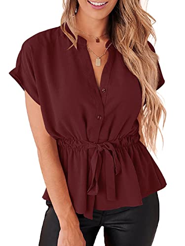 Womens Button Down Chiffon Blouses Casual Peplum Summer Tops Dressy Henley Shirts